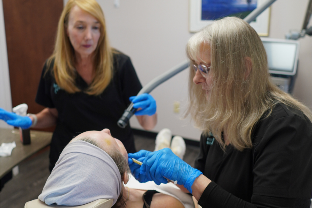 Dr. Pamela Kulback performing an advanced Exact RF and Agnes RF treatment for under-eye puffiness at K2 Restorative Medicine and Med-Spa in Trussville Alabama